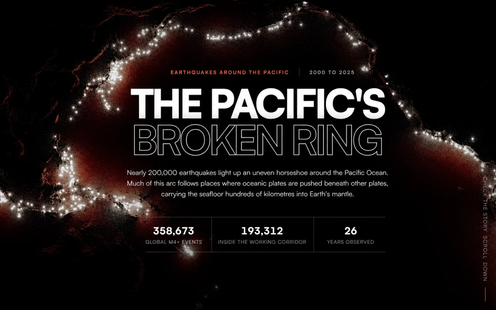 Hero view of The Pacific's broken ring showing earthquake lights around the Pacific and summary statistics