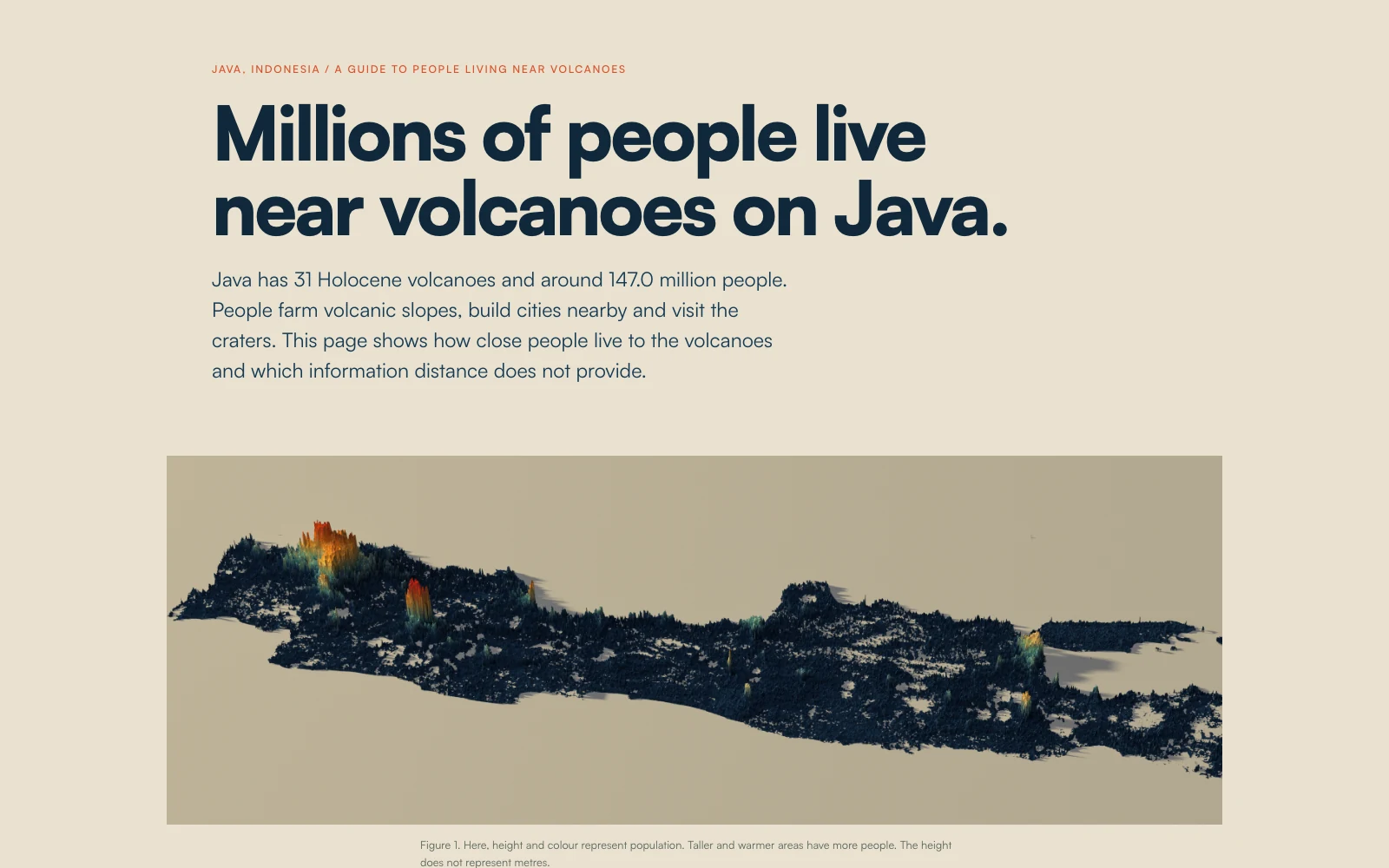Opening view of Living with Volcano, with a dramatic 3D population relief map of Java beneath the title